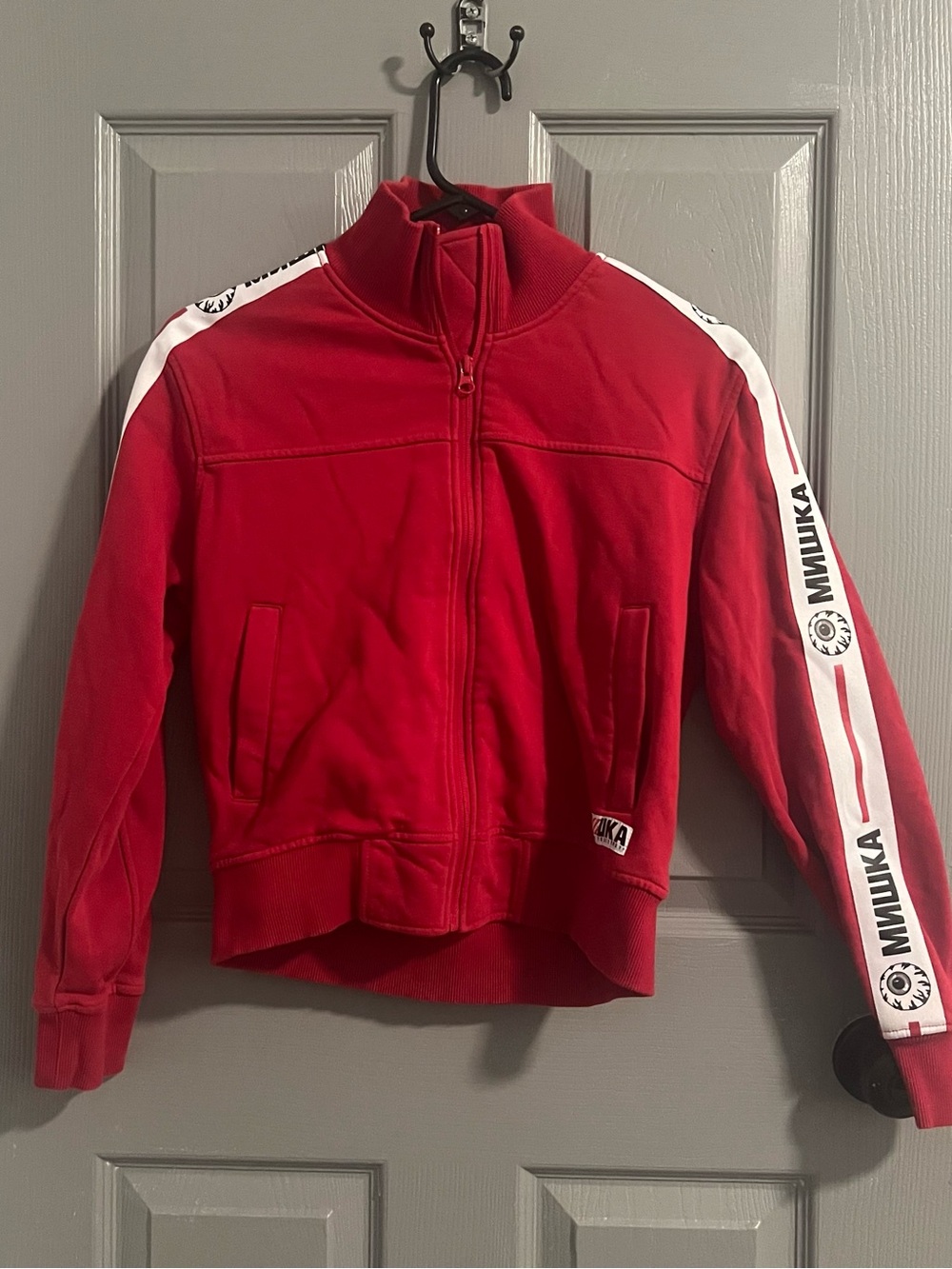 Mishka NYC Red Track-Style Streetwear Bomber Jacket White Sleeve Stripes Y2K